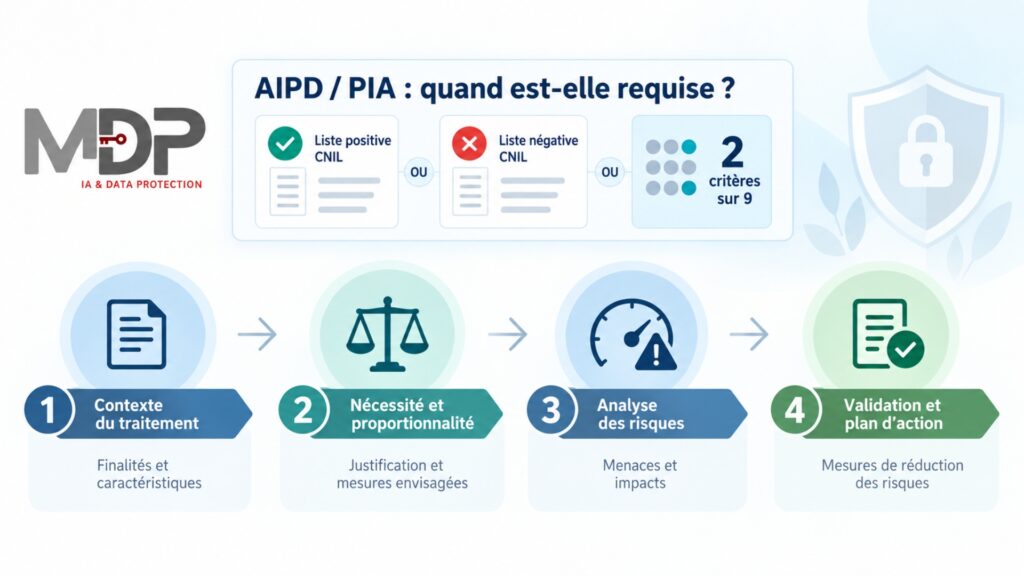 Infographie AIPD présentant les critères de déclenchement et les quatre étapes d’une analyse d’impact RGPD