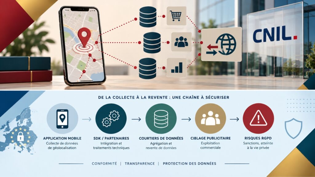 Infographie sur la géolocalisation mobile et les courtiers de données montrant la collecte, les SDK, la revente et les risques RGPD