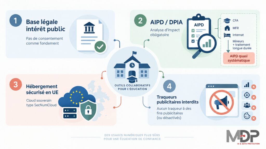 Infographie sur les outils collaboratifs en enseignement avec les principales règles CNIL à appliquer