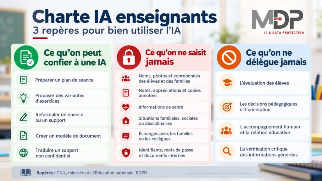 Infographie charte IA enseignants présentant ce qu’on peut confier à une IA, ce qu’on ne saisit jamais et ce qu’on ne délègue jamais