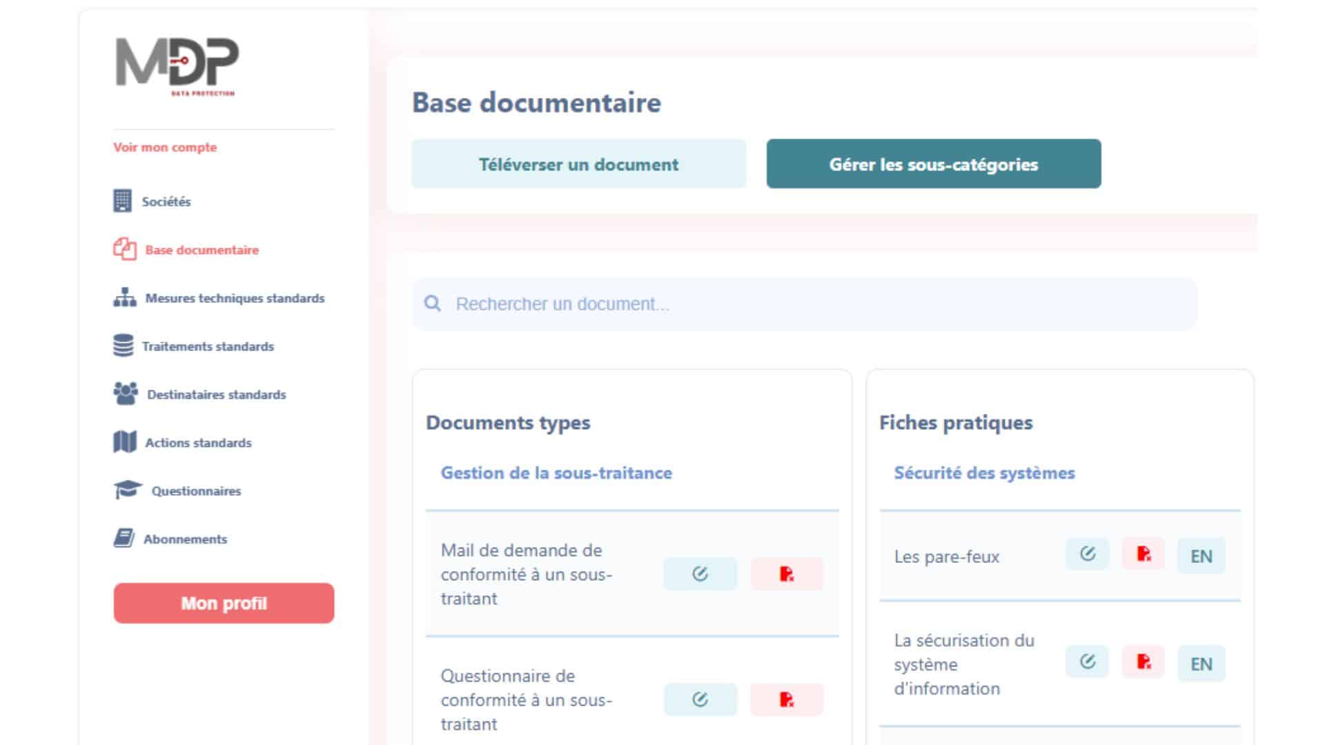 Capture de la base documentaire RGPD avec accès aux modèles de documents et fiches pratiques