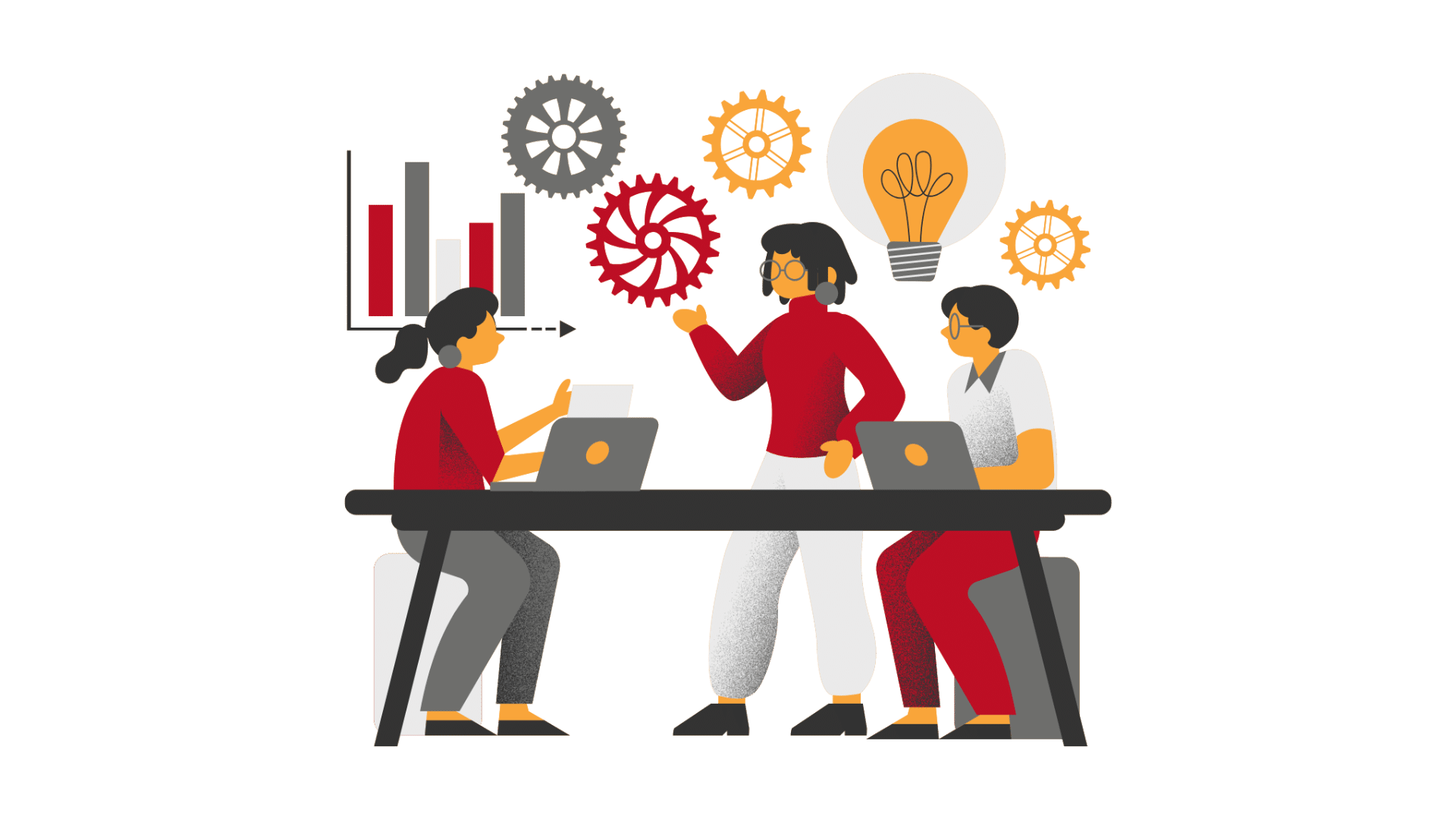 Trois professionnels collaborent autour d'une table avec des graphiques, engrenages et ampoule