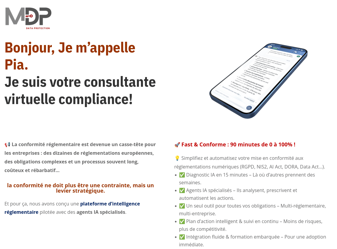 Capture de l'accueil de Pia, consultante virtuelle en conformité RGPD, NIS2, IA Act et cybersécurité