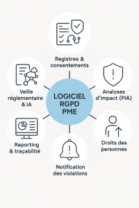 Infographie présentant les fonctionnalités essentielles d’un logiciel RGPD pour PME : registres et consentements, analyses d’impact, droits des personnes, notification des violations, reporting et veille réglementaire.