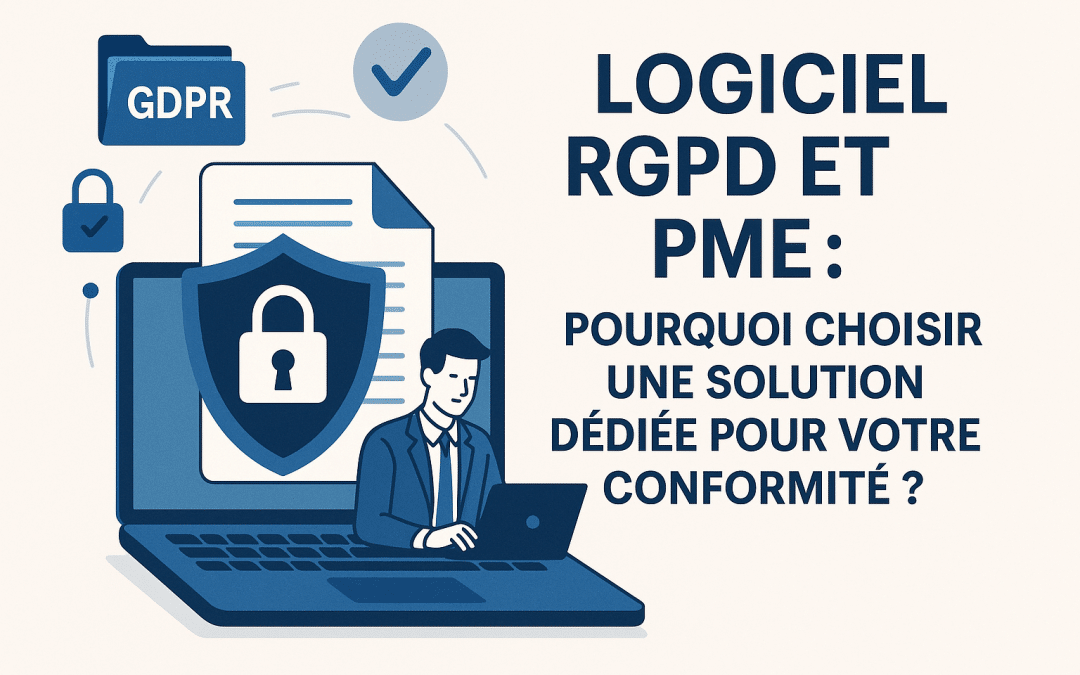 Logiciel RGPD PME illustré par un ordinateur avec cadenas et chef d’entreprise, mettant en avant la sécurité et la conformité des données.
