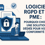 Logiciel RGPD PME illustré par un ordinateur avec cadenas et chef d’entreprise, mettant en avant la sécurité et la conformité des données.