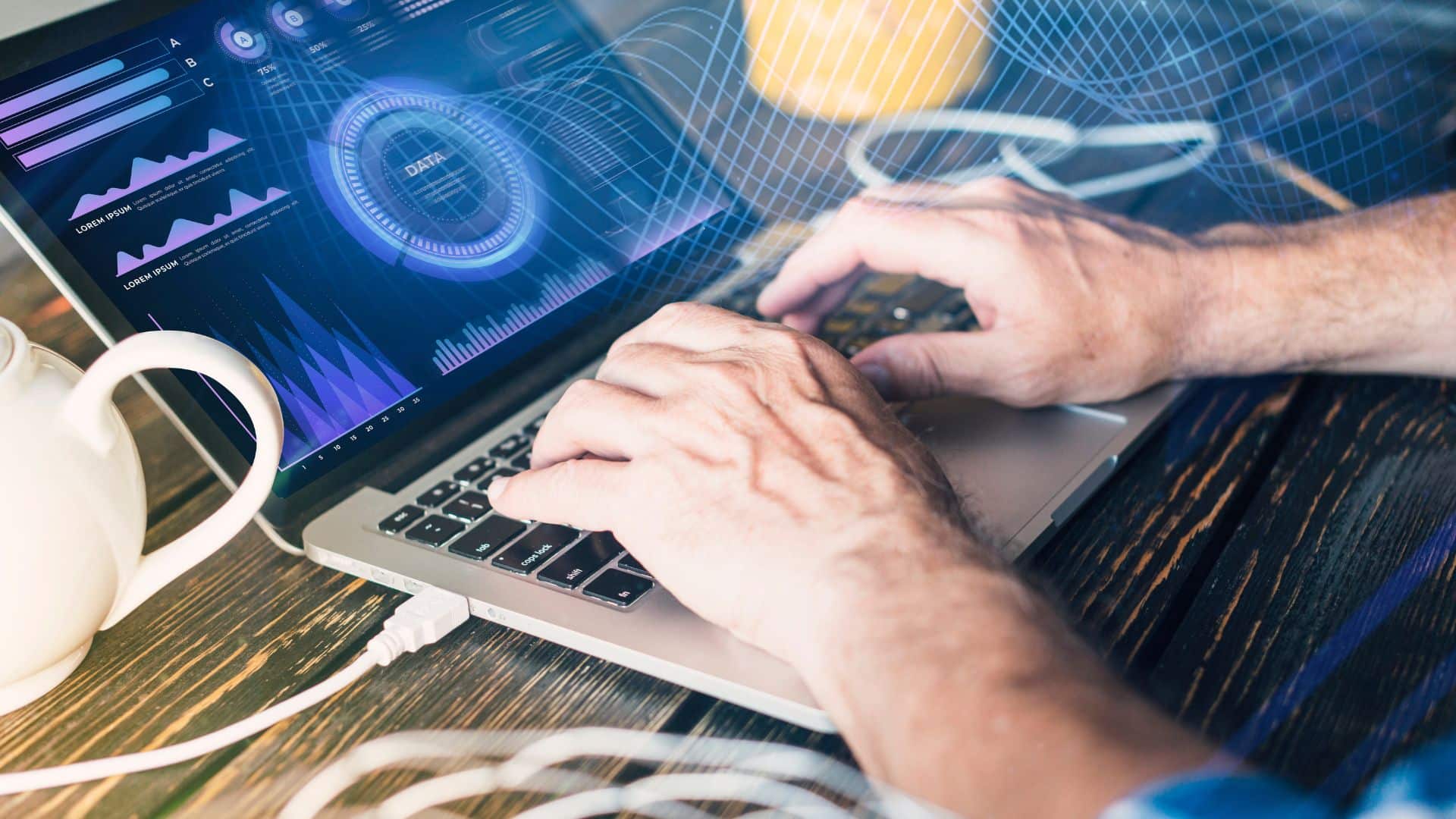 Illustration du secteur Tech & &eacute;diteurs : un professionnel travaille sur un ordinateur portable avec des graphiques de donn&eacute;es, symbolisant l&rsquo;accompagnement de MDP Data Protection pour la conformit&eacute; RGPD, la cybers&eacute;curit&eacute; et l&rsquo;IA dans le num&eacute;rique et les logiciels.