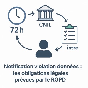 Infographie illustrant les obligations légales RGPD en cas de violation de données : délai de 72h, notification à la CNIL, information des personnes concernées et tenue d’un registre interne.