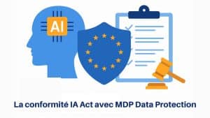 Illustration sur l’IA Act avec symboles de protection, transparence et souveraineté européenne
