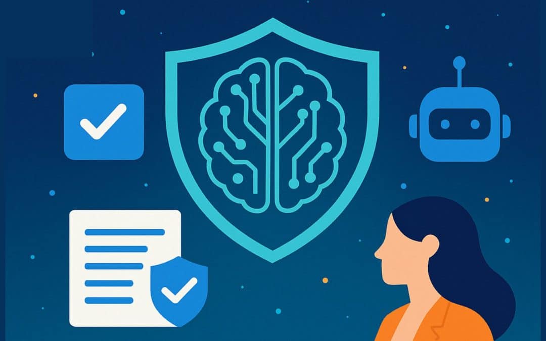 Illustration moderne sur la conformité IA Act avec symbole de cerveau numérique, checkmarks et figure humaine