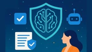 Illustration moderne sur la conformité IA Act avec symbole de cerveau numérique, checkmarks et figure humaine