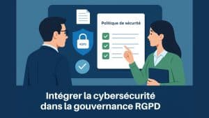 Illustration professionnelle montrant un DPO et un expert cybersécurité collaborant autour d’une politique de sécurité numérique conforme au RGPD.