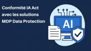 Illustration d’un logiciel de conformité IA avec icônes de sécurité et de gouvernance numérique