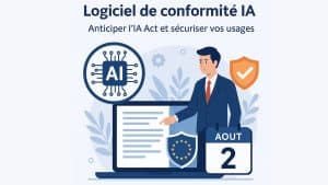 Illustration professionnelle d’un logiciel de conformité IA avec calendrier, bouclier européen et pictogrammes de sécurité