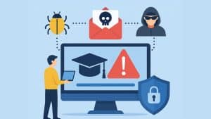 Illustration numérique montrant les menaces cyber dans le secteur de la formation avec des icônes de phishing, hacker et malware autour d’un écran d’ordinateur symbolisant un CFA.