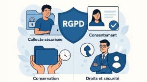 Illustration d’un CFA avec un apprenti et un formateur utilisant un ordinateur, accompagnés d’icônes RGPD (cadenas, documents sécurisés), symbolisant la protection et la gestion des données personnelles.