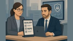 Deux professionnels préparent un audit Qualiopi en conformité avec le RGPD, avec une checklist numérique et un écran affichant la sécurité des données.