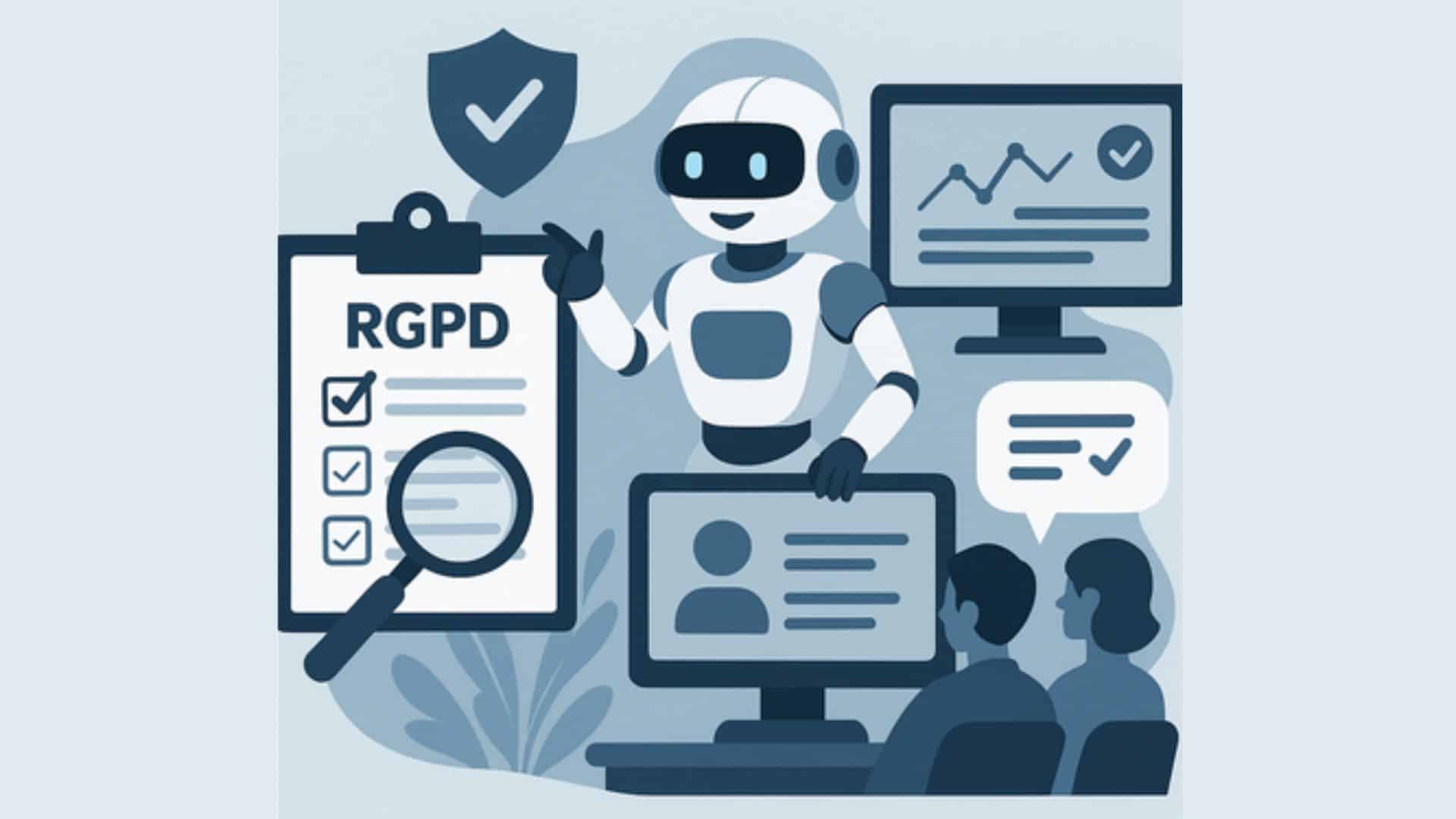 Illustration montrant un agent IA analysant un registre RGPD, entouré d’icônes de sécurité, d’outils de contrôle et d’une scène de formation, symbolisant les cas d’usages concrets de l’IA dans la conformité.