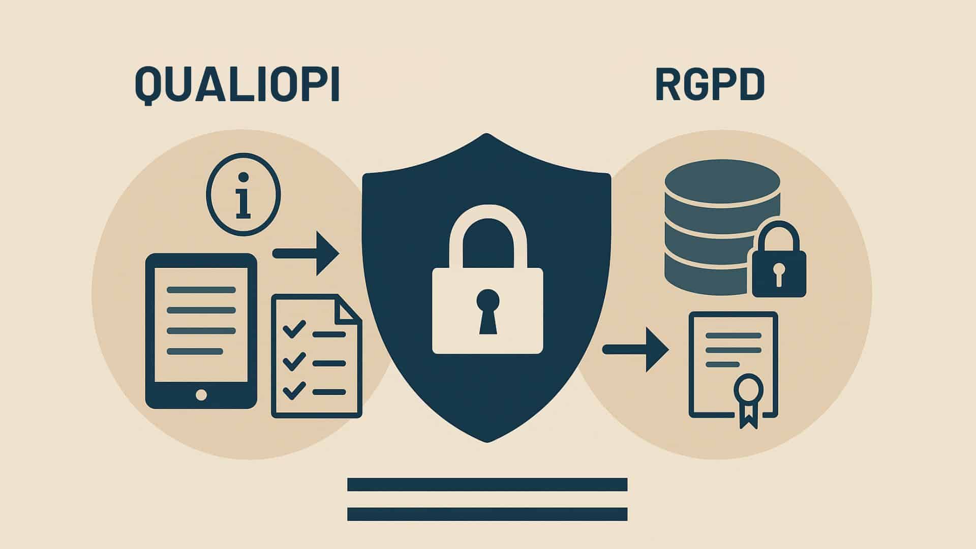 Infographie illustrant le lien entre Qualiopi et le RGPD, avec des icônes de checklist, de données et de sécurité pour représenter la conformité des organismes de formation.