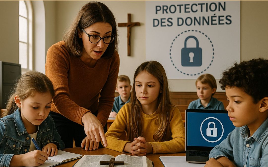 Enseignante accompagnant des enfants lors d’une activité religieuse, avec un visuel de protection des données, illustrant la sécurité des informations des mineurs.