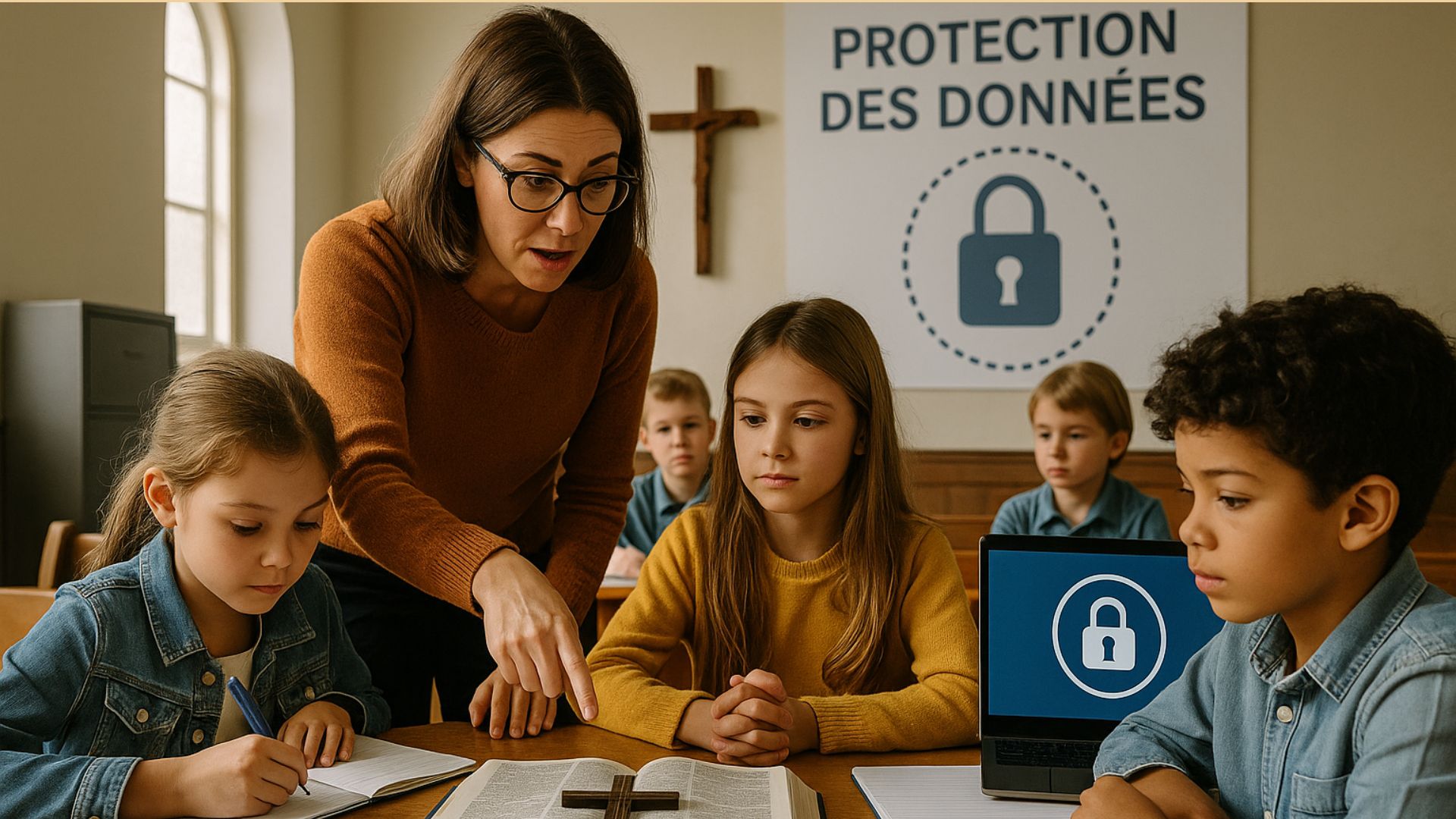 Protection_des_donnees_de_mineurs_activites_religieuses Enseignante accompagnant des enfants lors d’une activité religieuse, avec un visuel de protection des données, illustrant la sécurité des informations des mineurs.