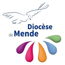 Logo coloré du Diocèse de Mende avec une colombe blanche en vol au-dessus du texte et des gouttes multicolores en bas