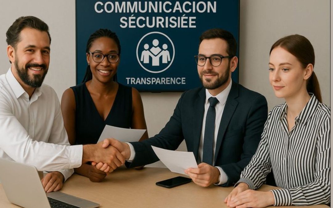 &Eacute;quipe paroissiale en r&eacute;union discutant de communication s&eacute;curis&eacute;e et d&rsquo;outils num&eacute;riques conformes au RGPD.