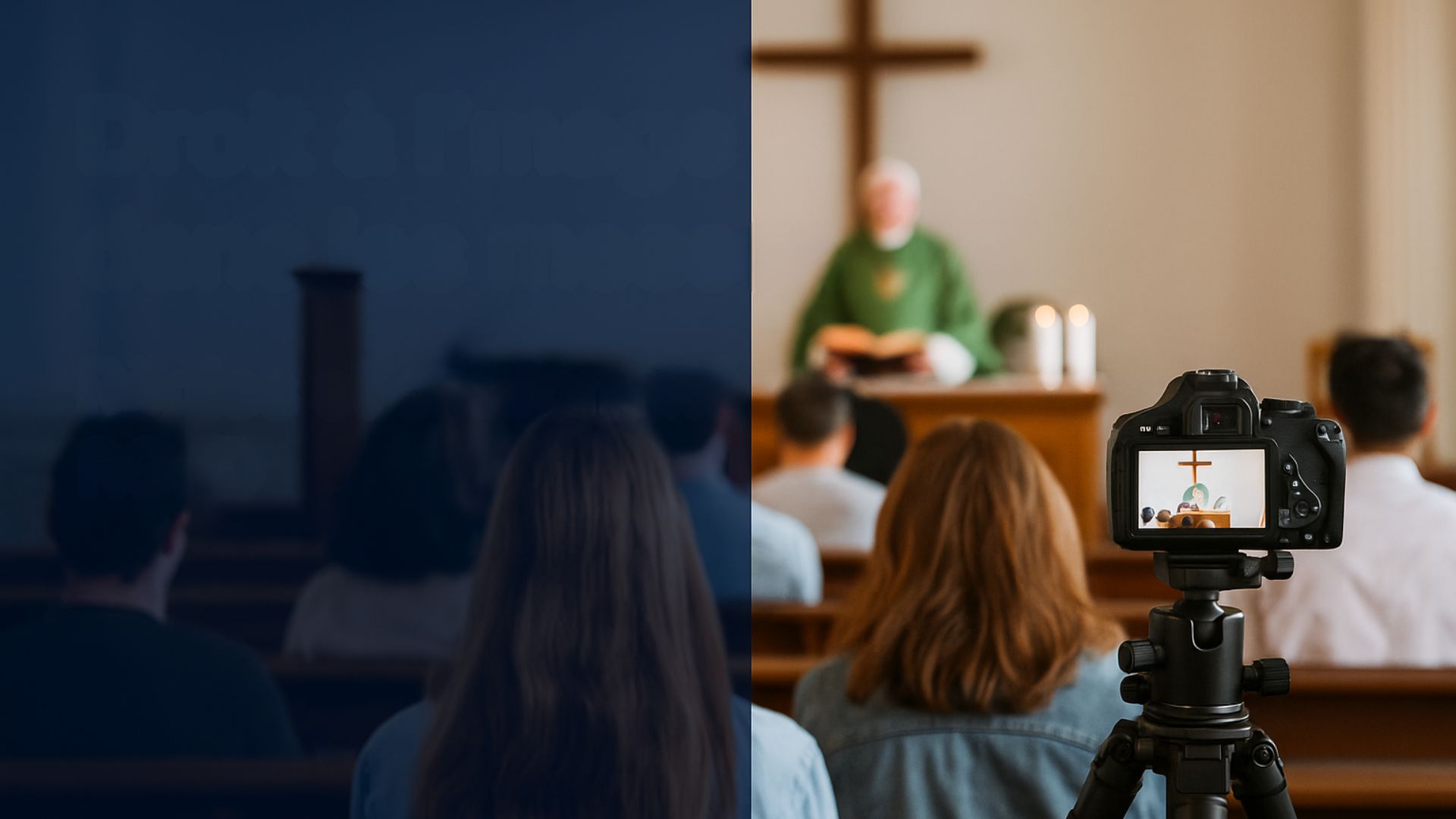 droit_image_messes_conformite_rgpd Appareil photo filmant une messe avec un prêtre à l’autel, illustrant le droit à l’image et les obligations RGPD lors des célébrations religieuses.
