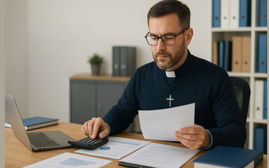 Homme religieux travaillant à l’économat, examinant des documents financiers sur un bureau, illustrant la protection des données et la conformité RGPD dans les organisations religieuses.