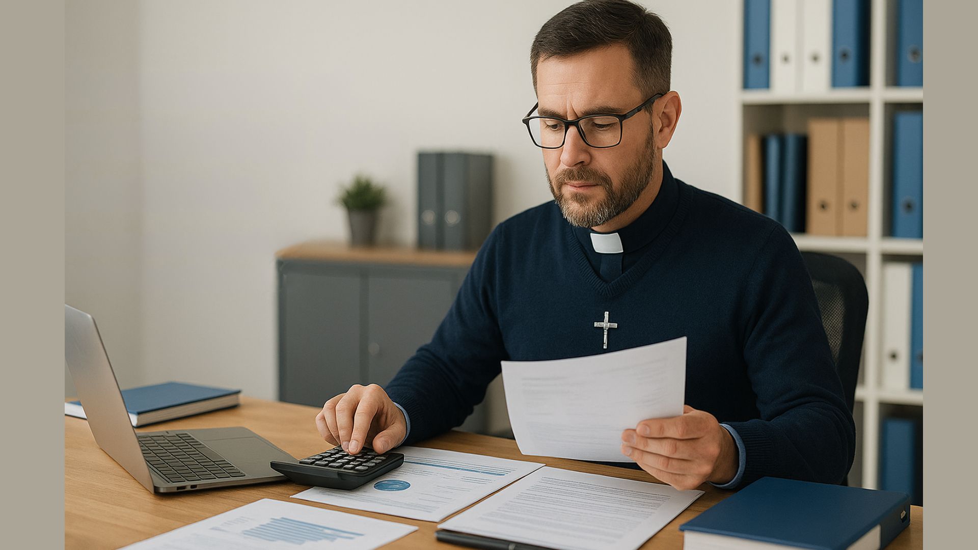 economat_protection_donnees_homme_religieux Homme religieux travaillant à l’économat, examinant des documents financiers sur un bureau, illustrant la protection des données et la conformité RGPD dans les organisations religieuses.