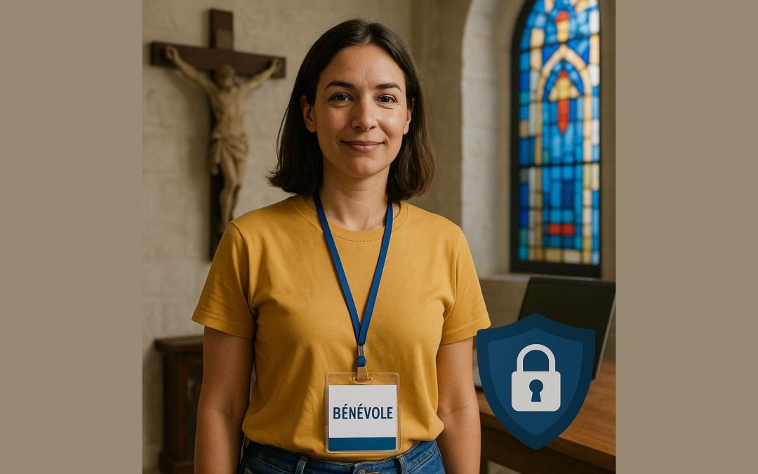 Bénévole portant un badge dans une église, avec un symbole de sécurité représentant la protection des données.