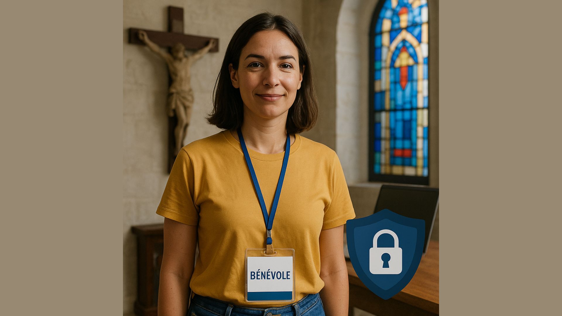 protection_donnees_benevoles_congregations_religieuses_2 Bénévole portant un badge dans une église, avec un symbole de sécurité représentant la protection des données.