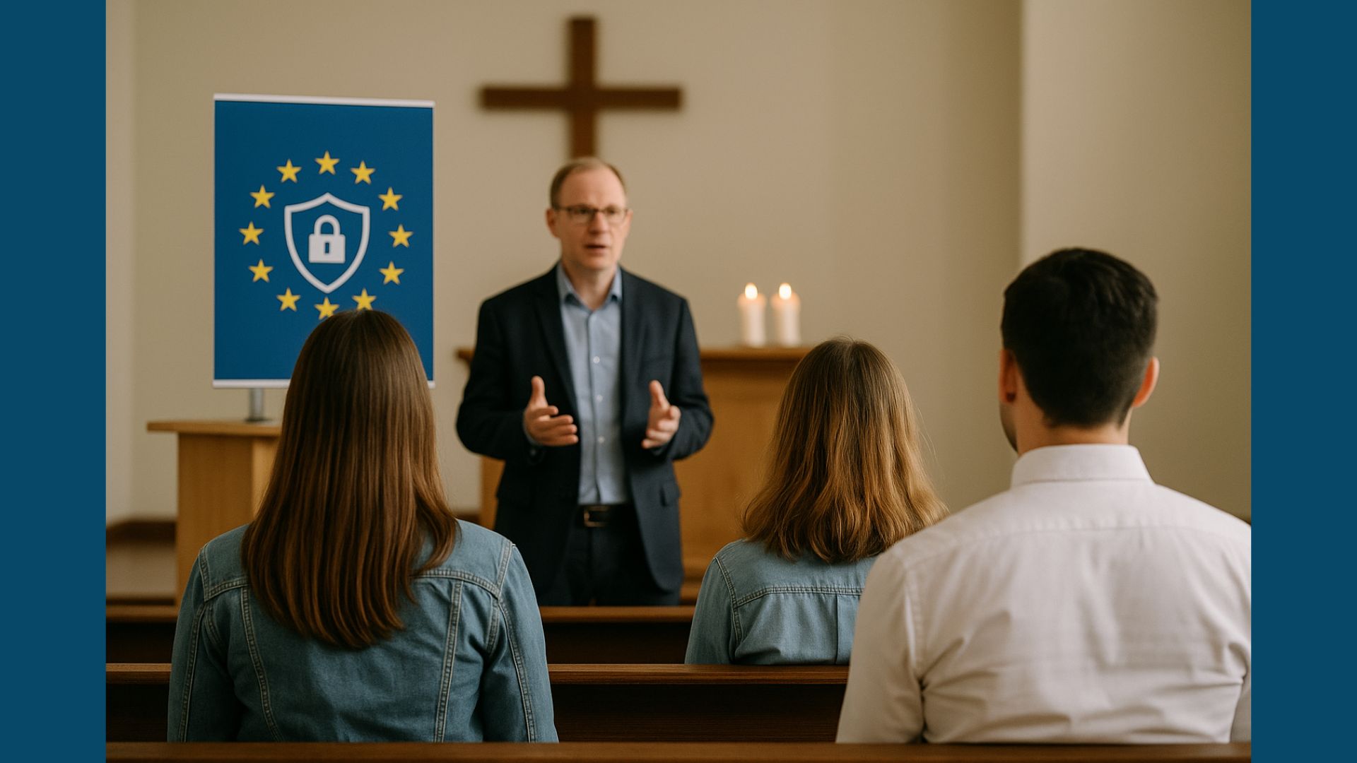 protection_donnees_congregations_religieuses Séminaire sur la protection des données et les obligations RGPD au sein d’une congrégation religieuse, avec un intervenant s’adressant aux membres dans une église.