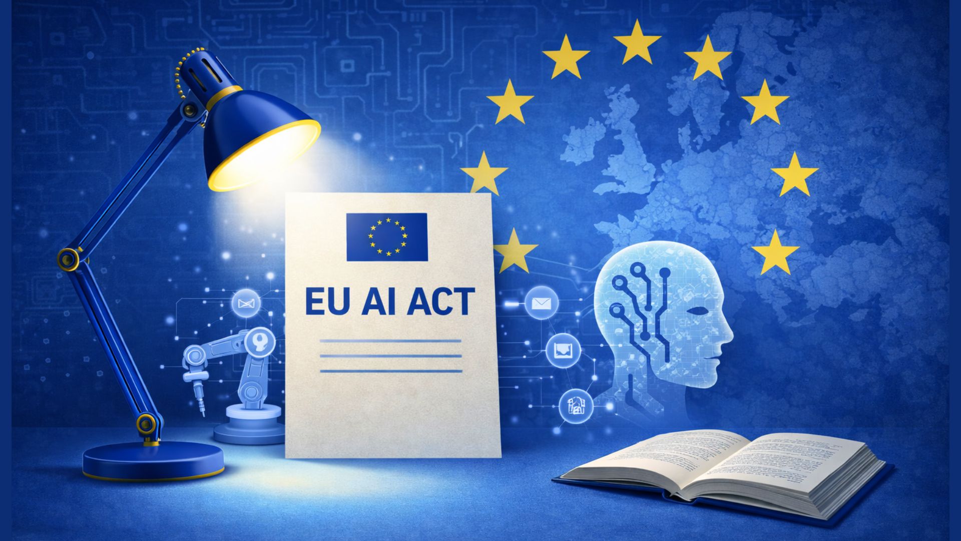 Illustration du règlement européen AI Act avec document officiel éclairé par une lampe, symboles d’intelligence artificielle et étoiles de l’Union européenne