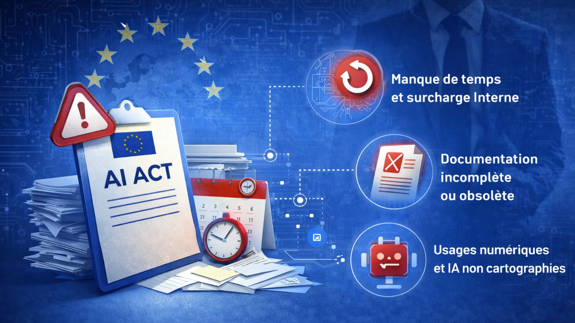 Illustration des difficultés d’une organisation face à la conformité AI Act avec document réglementaire, surcharge administrative et usages IA non cartographiés