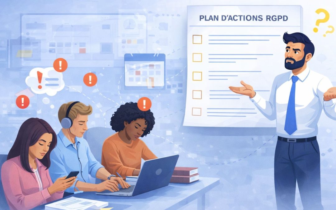 Illustration d&rsquo;un DPO essayant de mobiliser des &eacute;quipes m&eacute;tiers pour suivre un plan d&rsquo;actions de conformit&eacute; RGPD