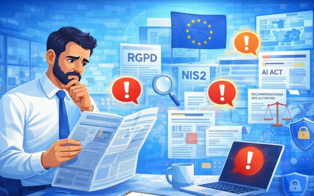 Illustration d&rsquo;un DPO analysant les &eacute;volutions r&eacute;glementaires li&eacute;es au RGPD, &agrave; l&rsquo;AI Act et &agrave; la directive NIS2