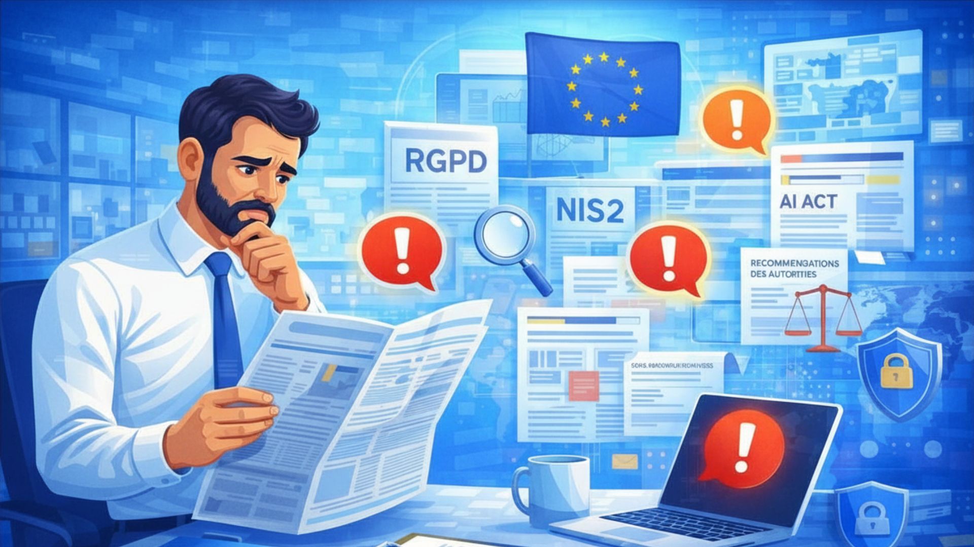 Illustration d’un DPO analysant les évolutions réglementaires liées au RGPD, à l’AI Act et à la directive NIS2