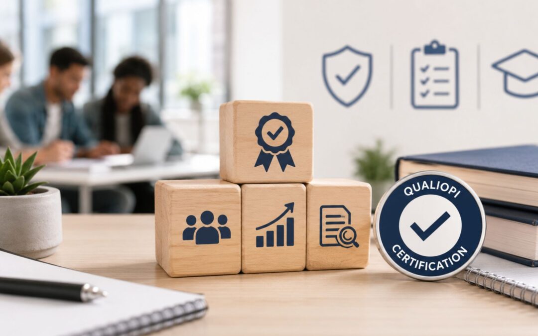 Illustration d&rsquo;un environnement de formation avec certification Qualiopi, indicateurs de conformit&eacute; et gestion qualit&eacute; pour CFA.