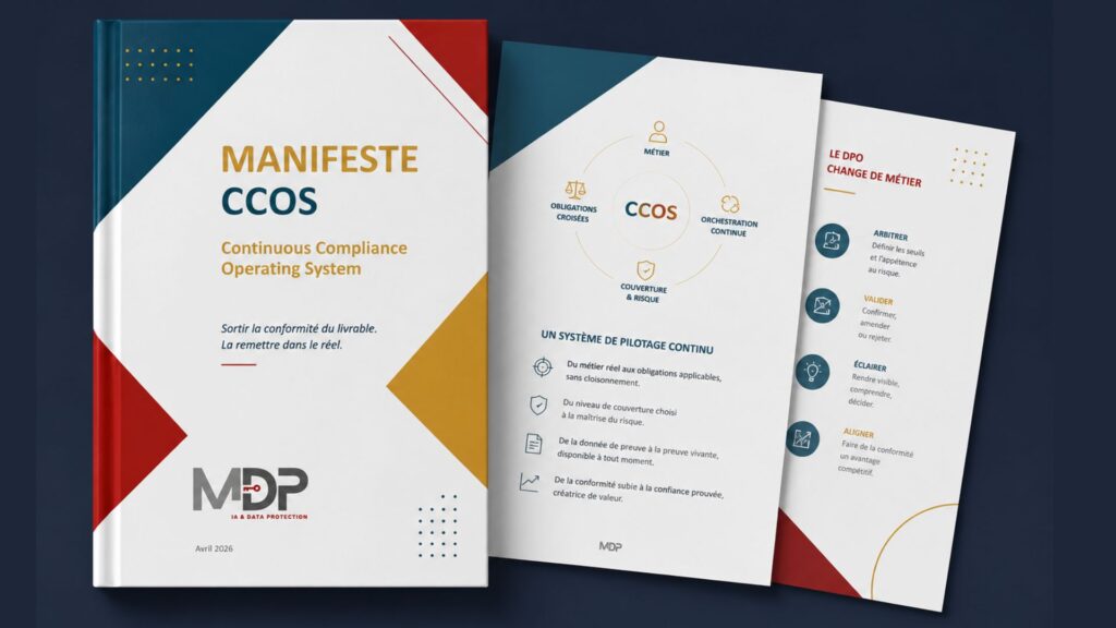 Mockup du manifeste CCOS de MDP Data Protection présentant une vision unifiée de la conformité RGPD, AI Act et NIS2 avec une identité visuelle moderne rouge, bleu pétrole et or.