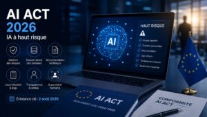 Illustration repr&eacute;sentant les obligations de conformit&eacute; AI Act 2026 pour les syst&egrave;mes d&rsquo;intelligence artificielle &agrave; haut risque dans l&rsquo;Union europ&eacute;enne.