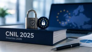 Illustration du bilan CNIL 2025 sur les sanctions RGPD et les priorités de conformité pour 2026 avec cadenas, dossier réglementaire et environnement numérique européen.