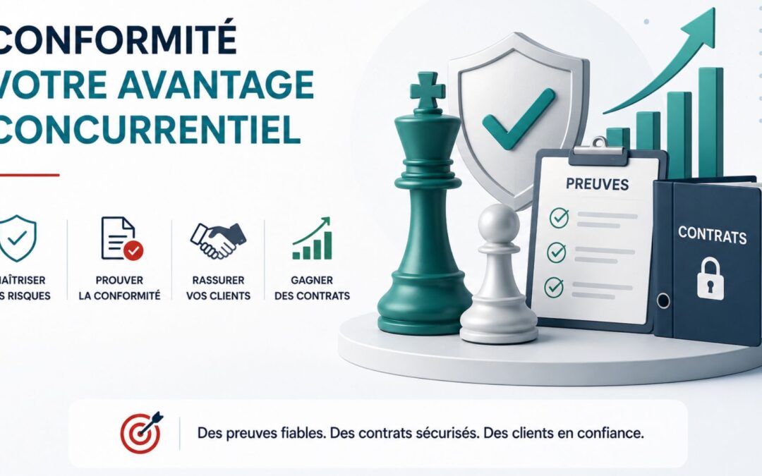 Illustration repr&eacute;sentant la conformit&eacute; comme levier commercial avec preuves, contrats s&eacute;curis&eacute;s et croissance des performances.