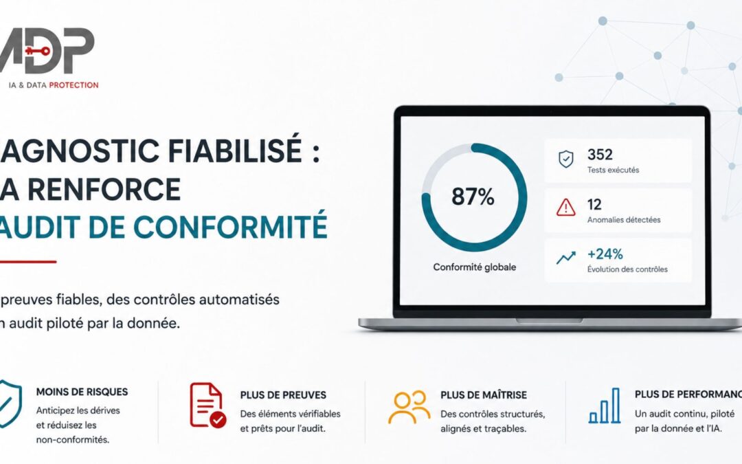 Illustration d&rsquo;un audit de conformit&eacute; pilot&eacute; par l&rsquo;IA avec tableau de bord, indicateurs de contr&ocirc;le et analyse des preuves.