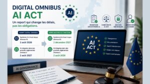 Illustration du Digital Omnibus AI Act présentant le report des échéances pour les systèmes IA à haut risque et les obligations de conformité européennes.