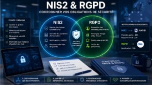 Illustration représentant la coordination des obligations NIS2 et RGPD pour la gestion des risques, la cybersécurité et la conformité des organisations.