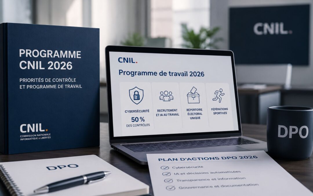 Illustration du programme CNIL 2026 avec priorit&eacute;s de contr&ocirc;le RGPD, cybers&eacute;curit&eacute;, IA au travail et plan d&rsquo;action DPO.