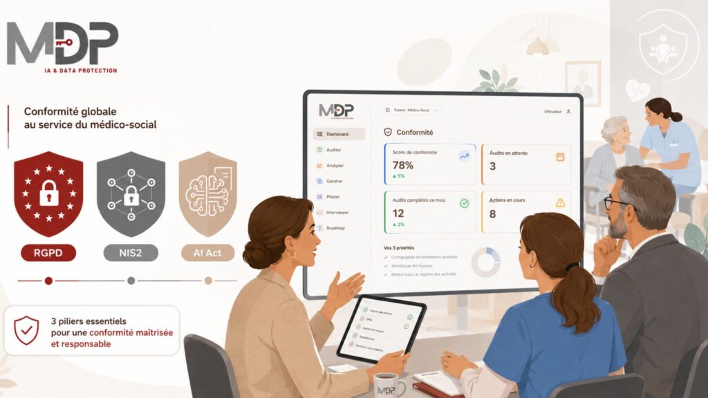 Illustration de professionnels du médico-social réunis autour d’un tableau de bord de conformité intégrant le RGPD, NIS2 et l’AI Act.