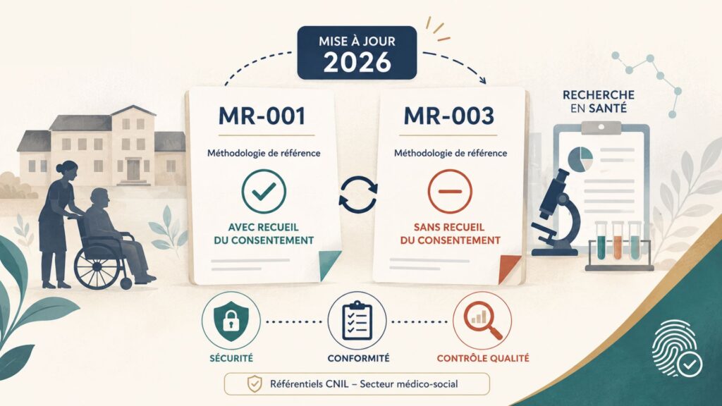 Illustration de la mise à jour 2026 des référentiels CNIL MR-001 et MR-003 applicables aux recherches en santé dans le secteur médico-social.