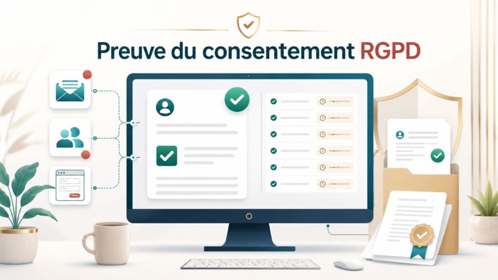 Illustration de la preuve du consentement RGPD avec formulaire validé, horodatage et registre de conformité marketing.